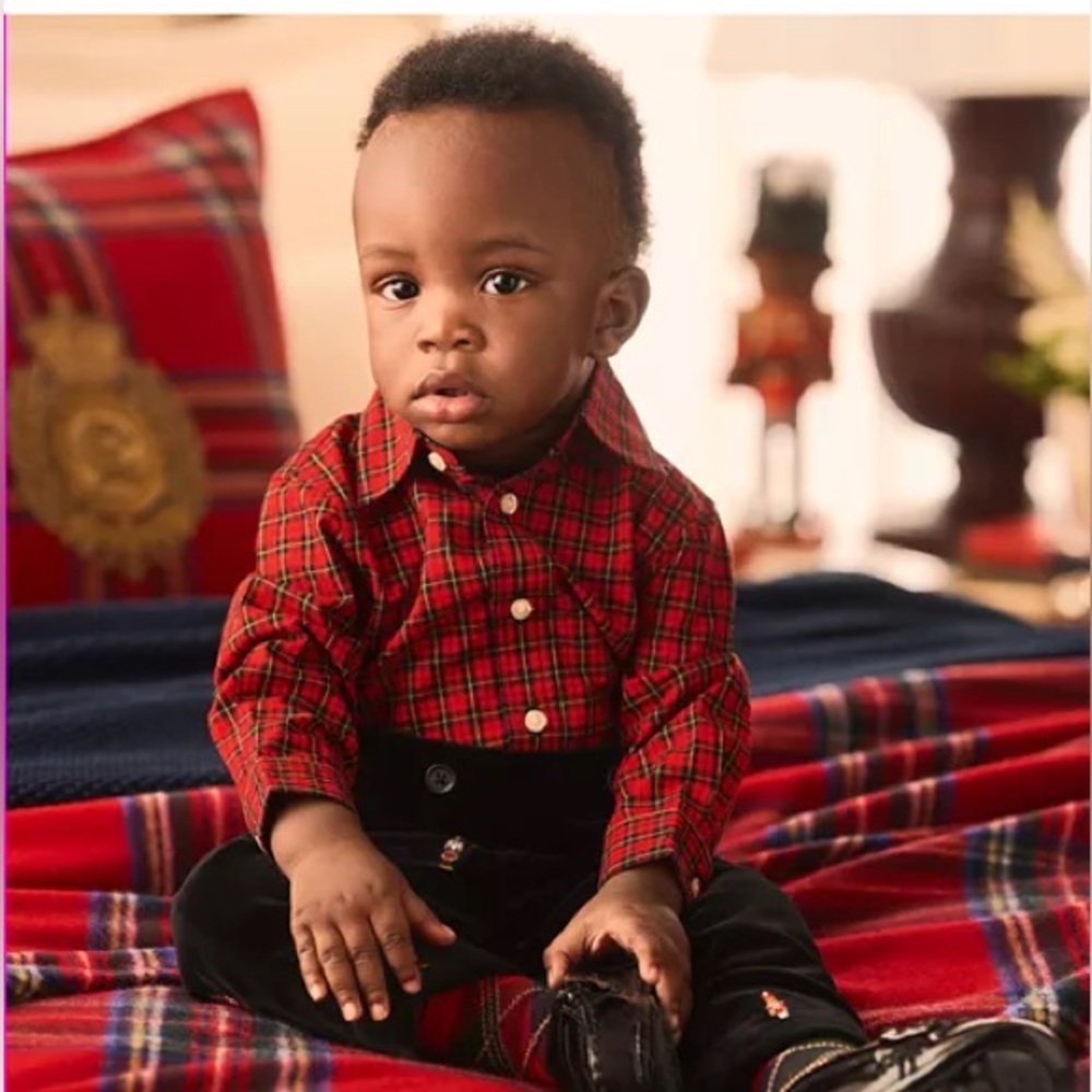 Ralph Lauren Boys Plaid Shirt & Nutcracker Embroidered Velvet Pants 18 Month Set